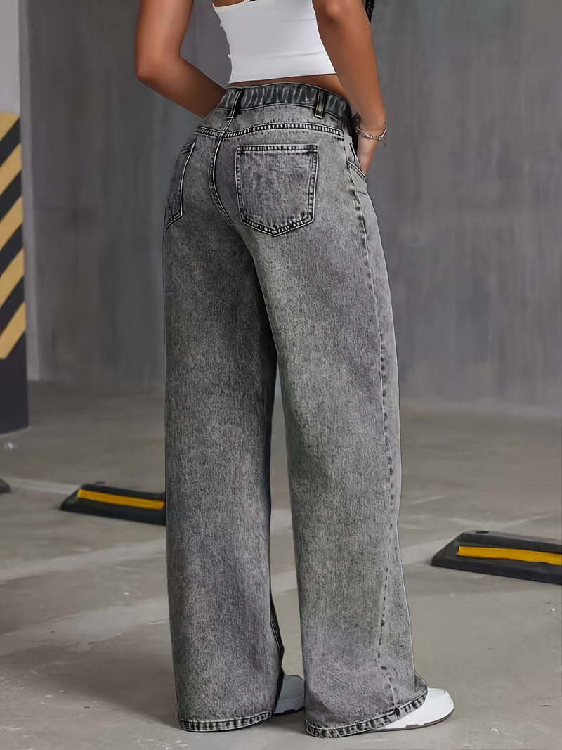 Women's High Waisted Wide Leg No Stretch Vintage Washed Jeans.