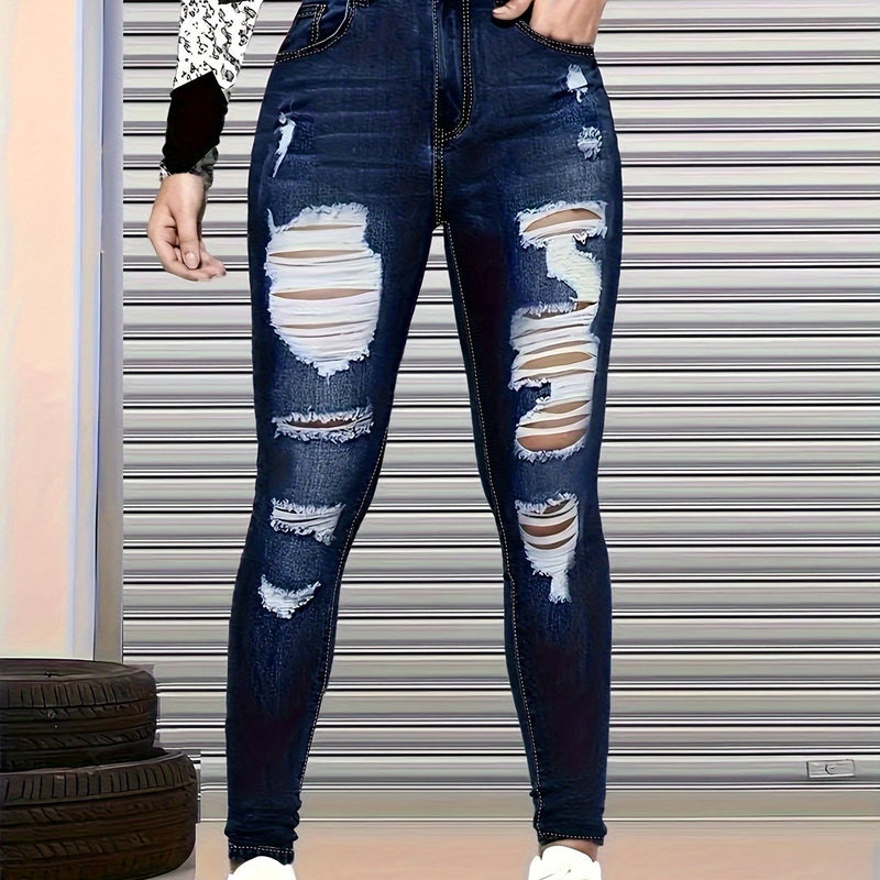 Women's Blue Distressed Skinny Jeans, Ripped Washed Denim Pants.