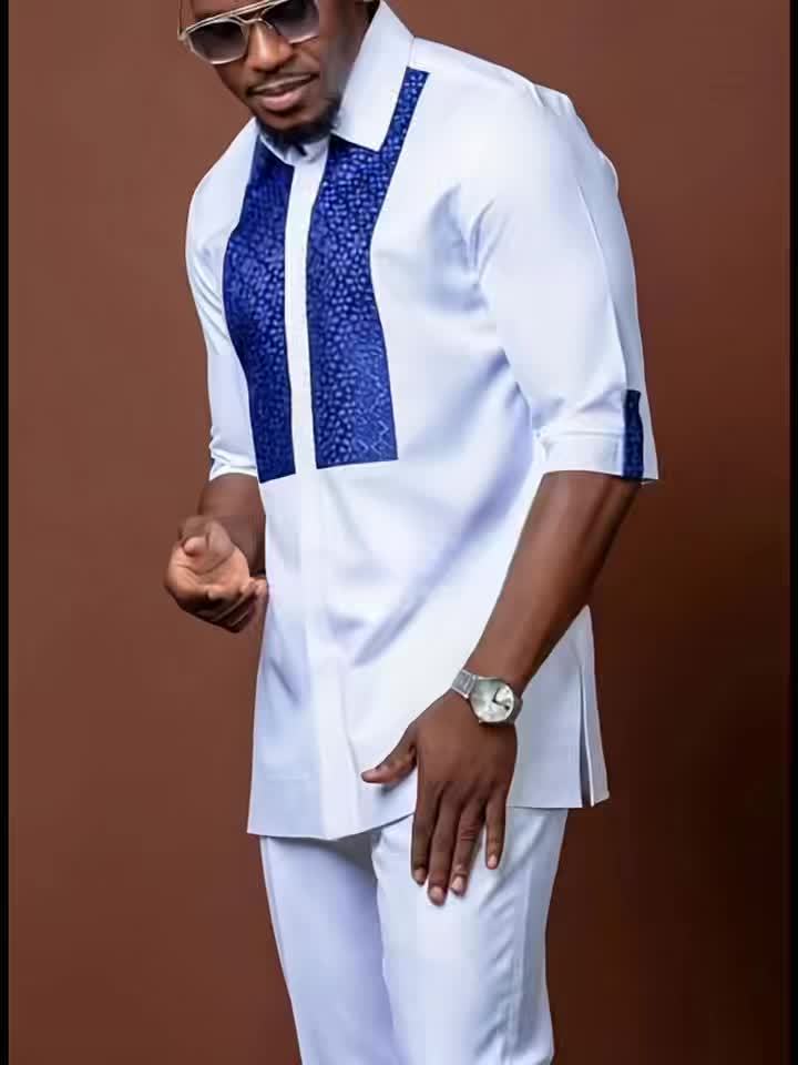 African ethnic style Men's casual suit printed shirt hem slit.