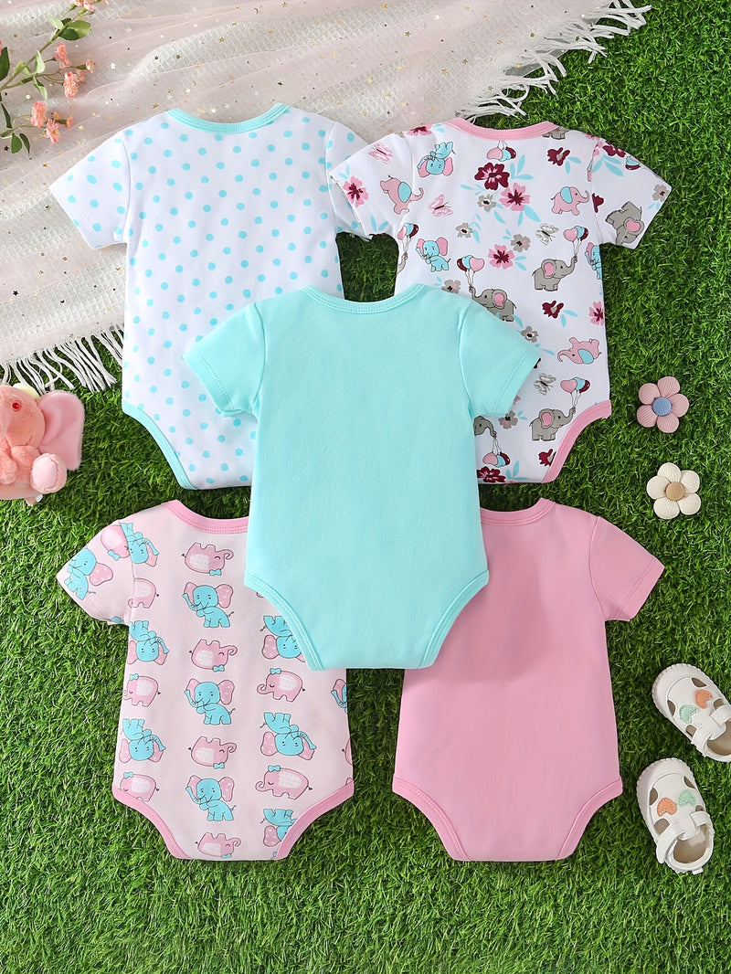 Five-Piece Set of Short-Sleeved Pure Onesies Featuring a Comfortable Cartoon.