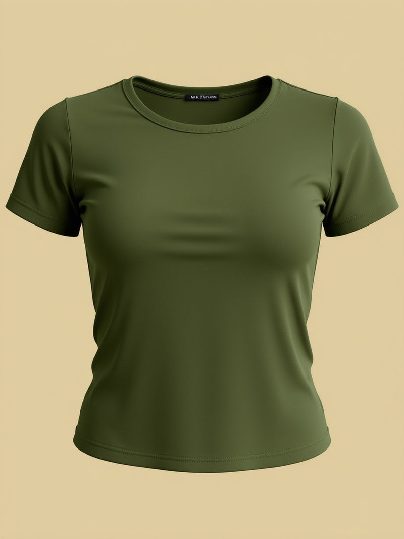Women's Round Neck Solid Color Casual Versatile Basic T-Shirt.