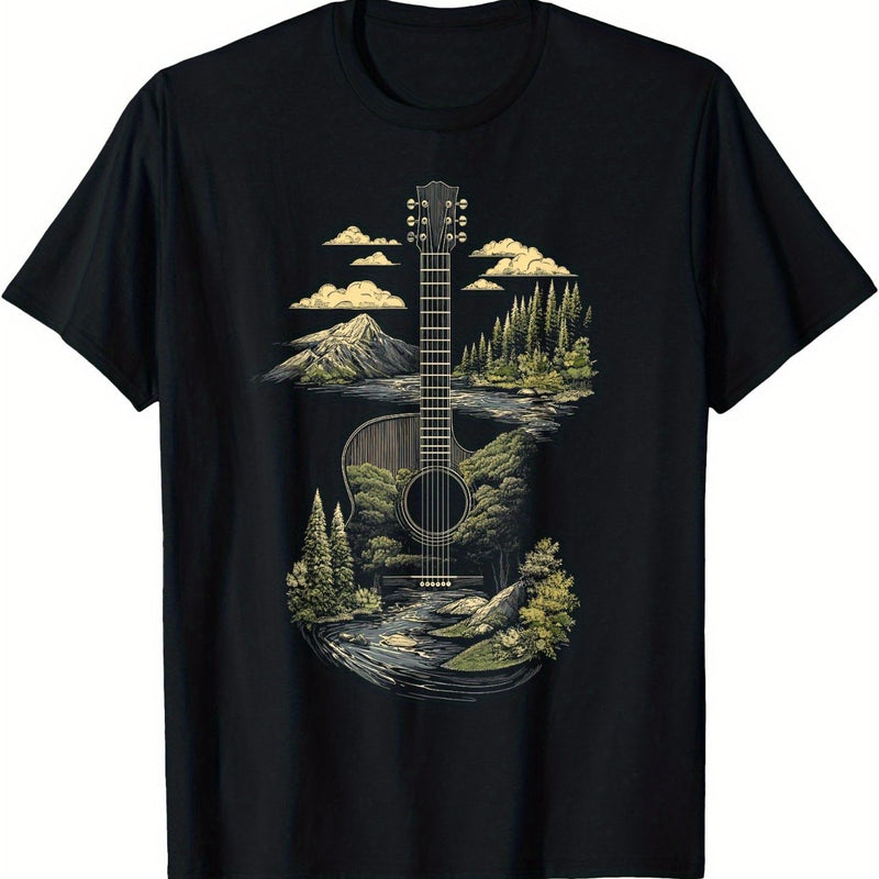 Men's Black T-Shirt with Acoustic Guitar & Nature Forest Design.