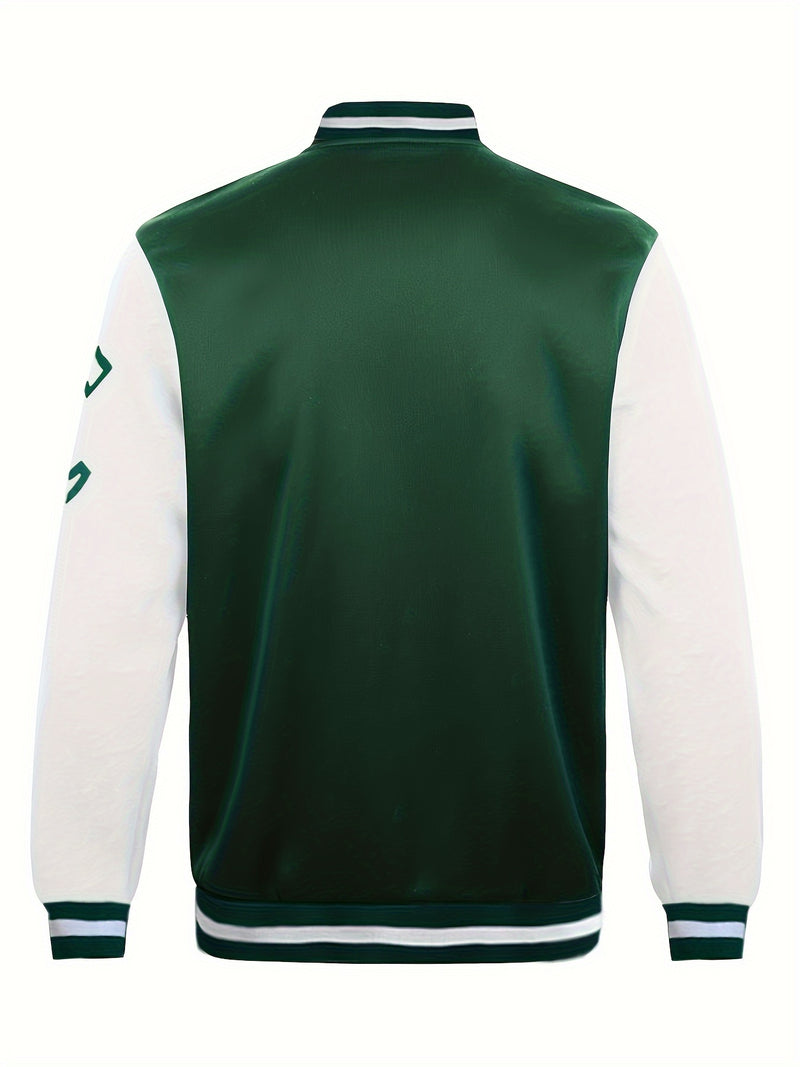 Men's Casual Letter Print Color Block Varsity Jacket, Baseball Jacket.