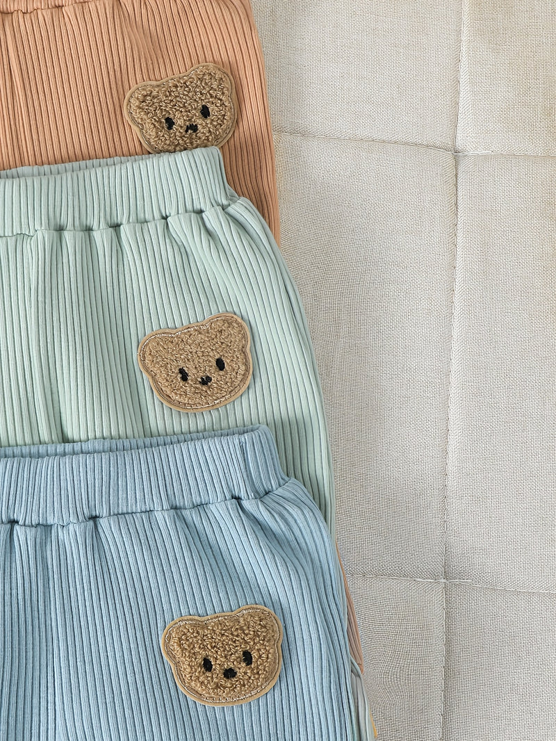 3pcs Boys' Solid Color Cotton Ribbed Knit Bear Patch Stretch Waist Pants/Leggings.