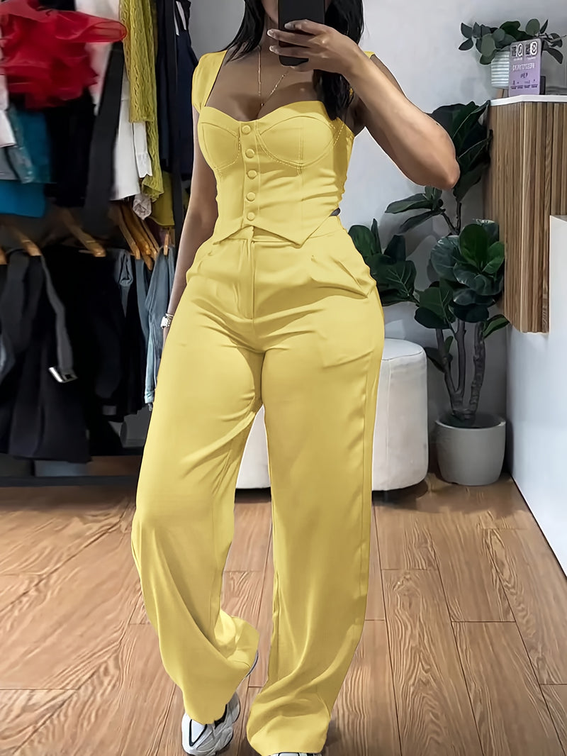 Women’s Elegant Two-Piece Set with Thick Straps And Buttoned Front.