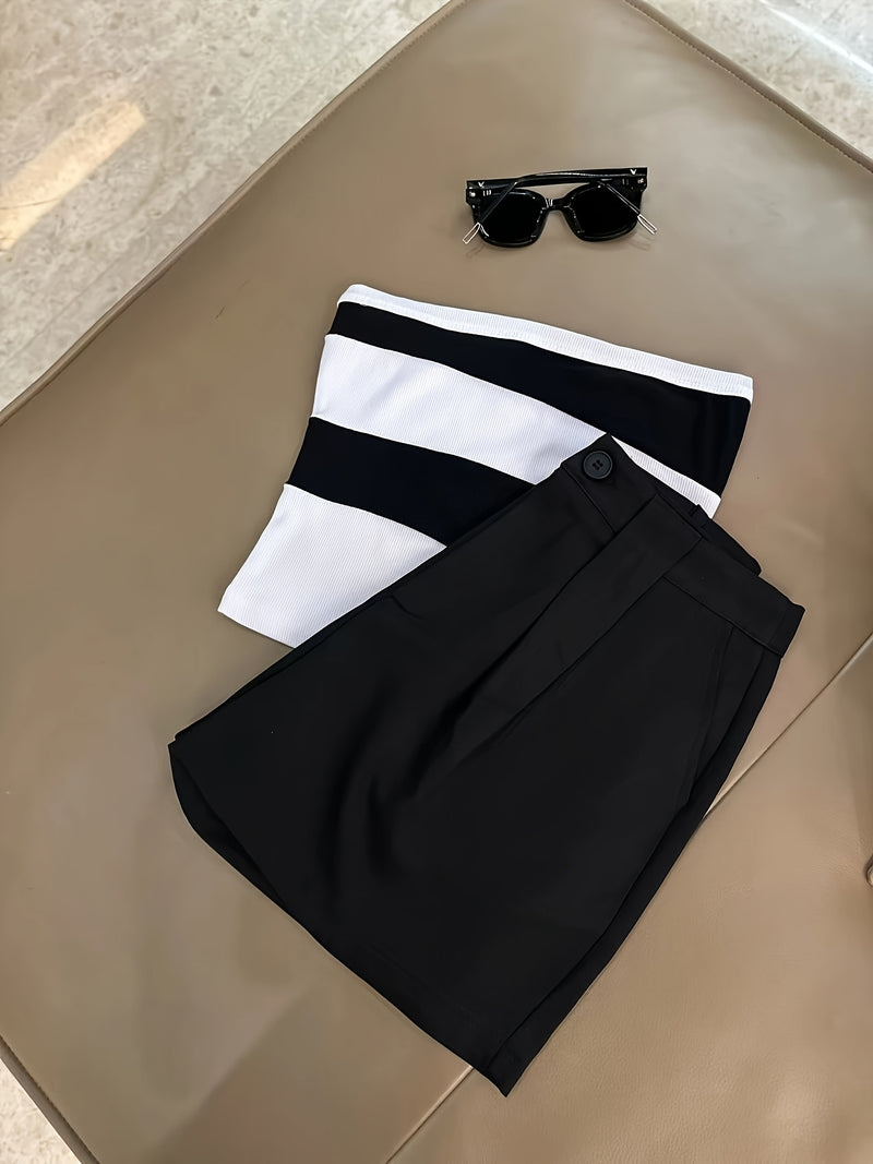 Women’s -Blocked Strapless Fitted Top Paired with Versatile Casual Shorts.