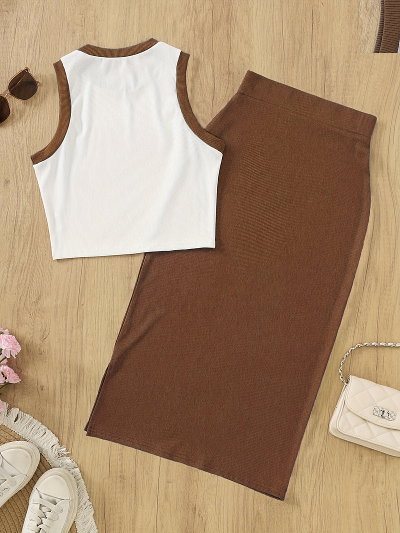 Women's Sleeveless Waistcoat and Split Skirt Set.