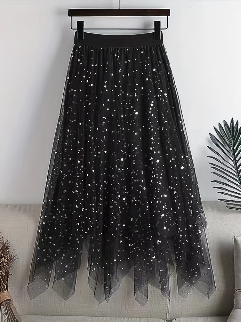 New Women's Sequin Mesh Midi Skirt, High-Waisted.