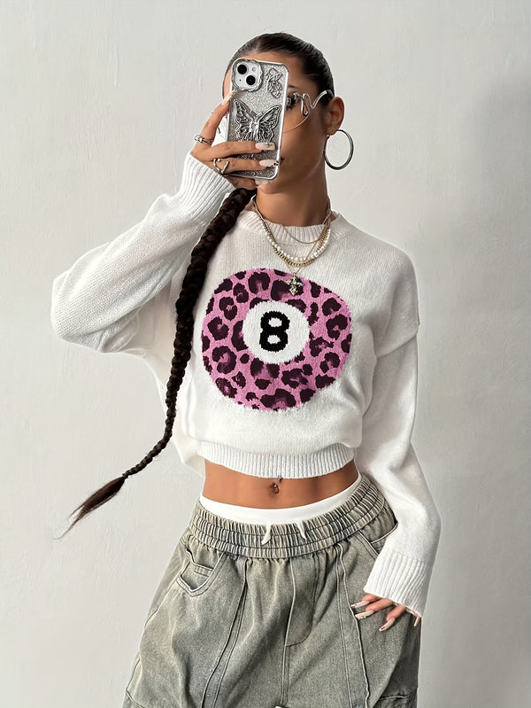 Women’s Fashion Casual Style Leopard Print Ball Design Billiard 8pcs Sweater.
