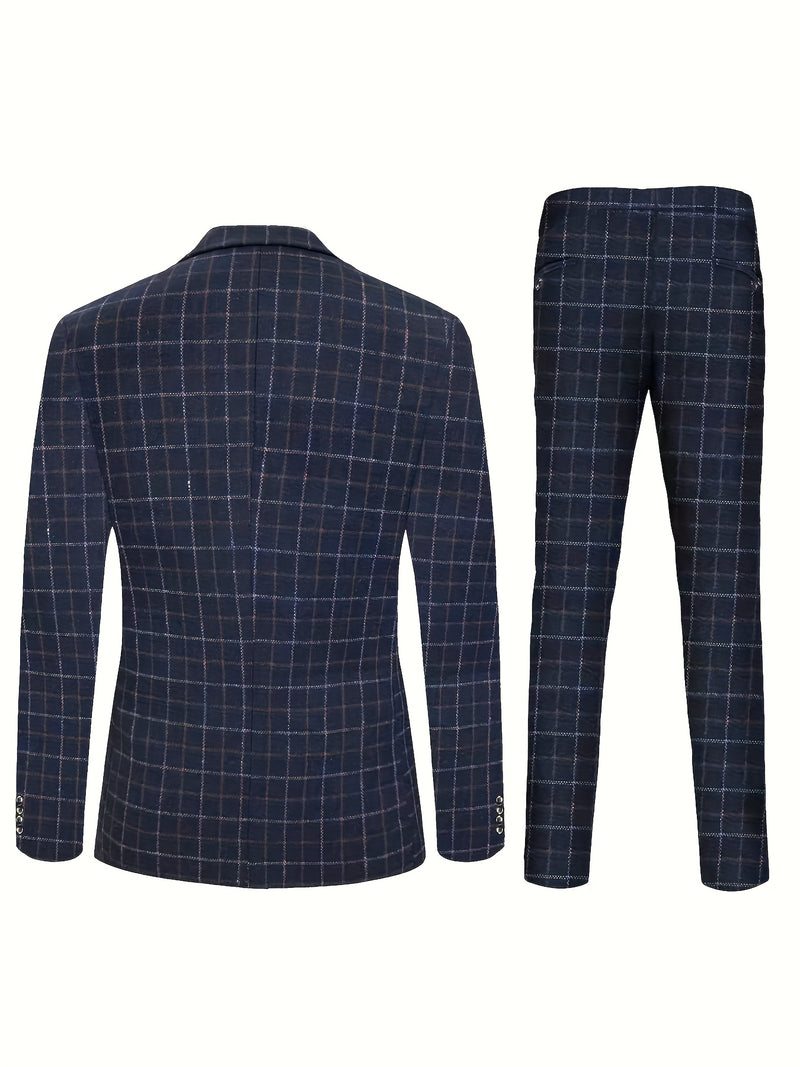 Men's High-Quality Vintage Plaid Three-Piece Suit.