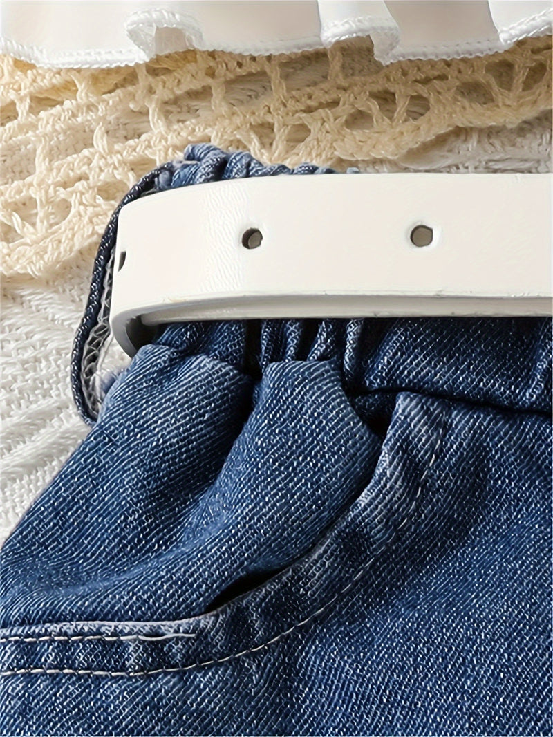 Girls' Lace-Trimmed Tank Top And Denim Shorts Two-Piece Set, for Outdoor.