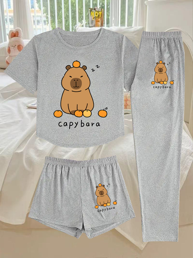 A Three-Piece Women's Loungewear Set, Featuring a Printed Design.
