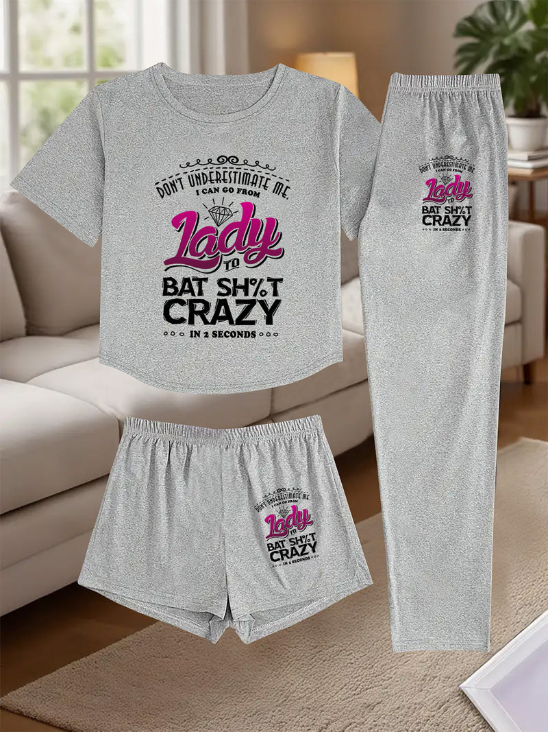 A Three-Piece Women's Loungewear Set, Featuring a Printed Design.