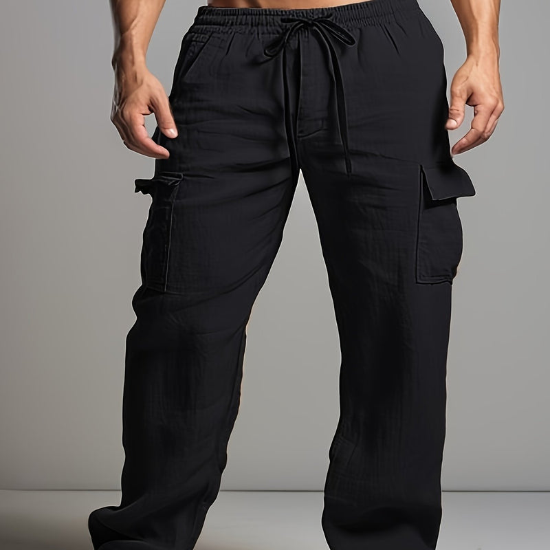 Linen Drawstring Elastic Waist Multi-Pocket Casual Long Pants.