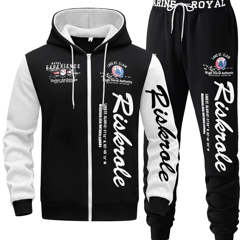 Men's Hooded Sweatshirt with Letter Print, Two-Piece Sports Running Outfit.