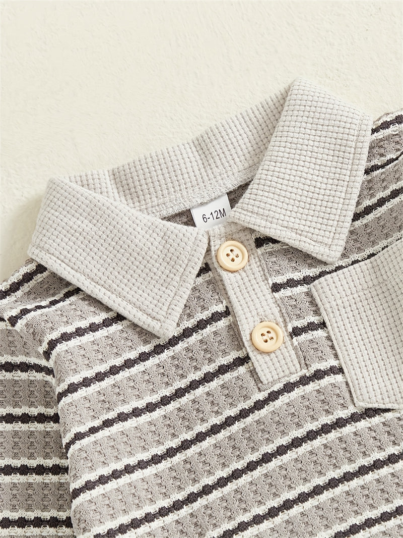 Toddler Boys Waffle Stripe Lapel Collar Sports Set.