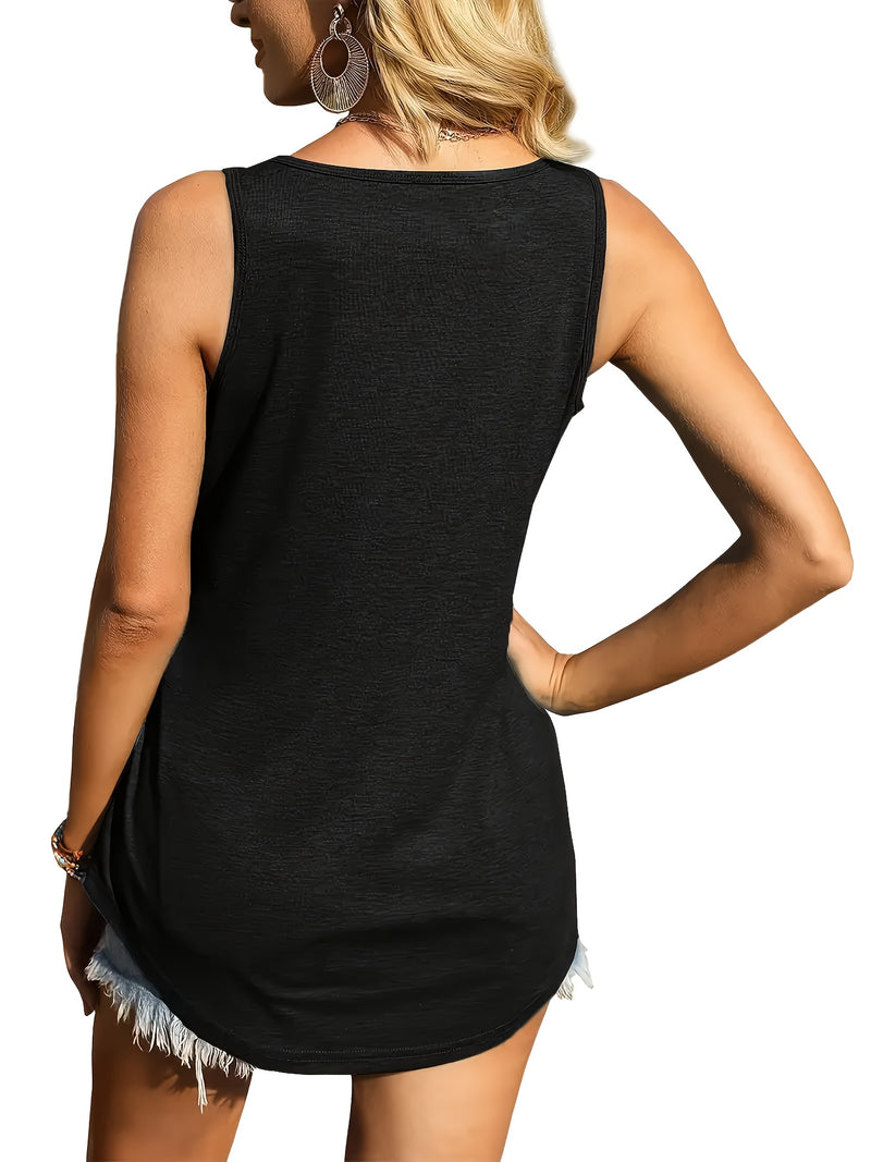 A Three-Piece Set, Women's Solid Color Sleeveless Square Neck T-Shirt.