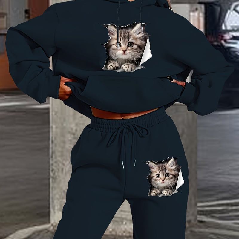Women's Polyester Hooded Tracksuit with Cat Print.