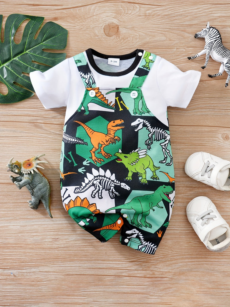 Summer Baby Romper with Cartoon Dinosaur Print And Faux Two-Piece.