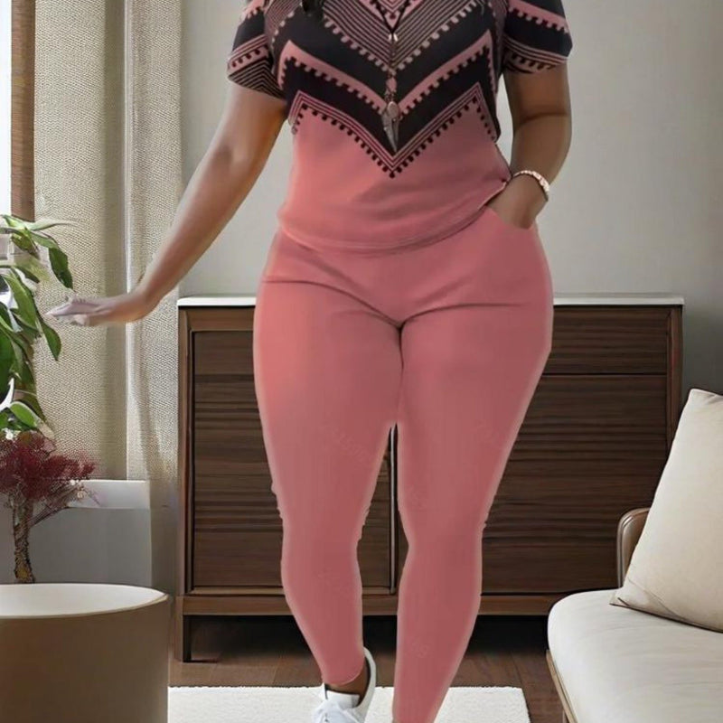 Women's Short-Sleeve Round-Neck Top And Long Pants.