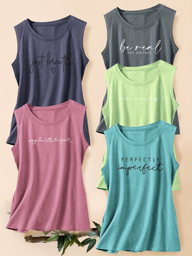 5pcs Women's Vest Tops with English Letter Print.
