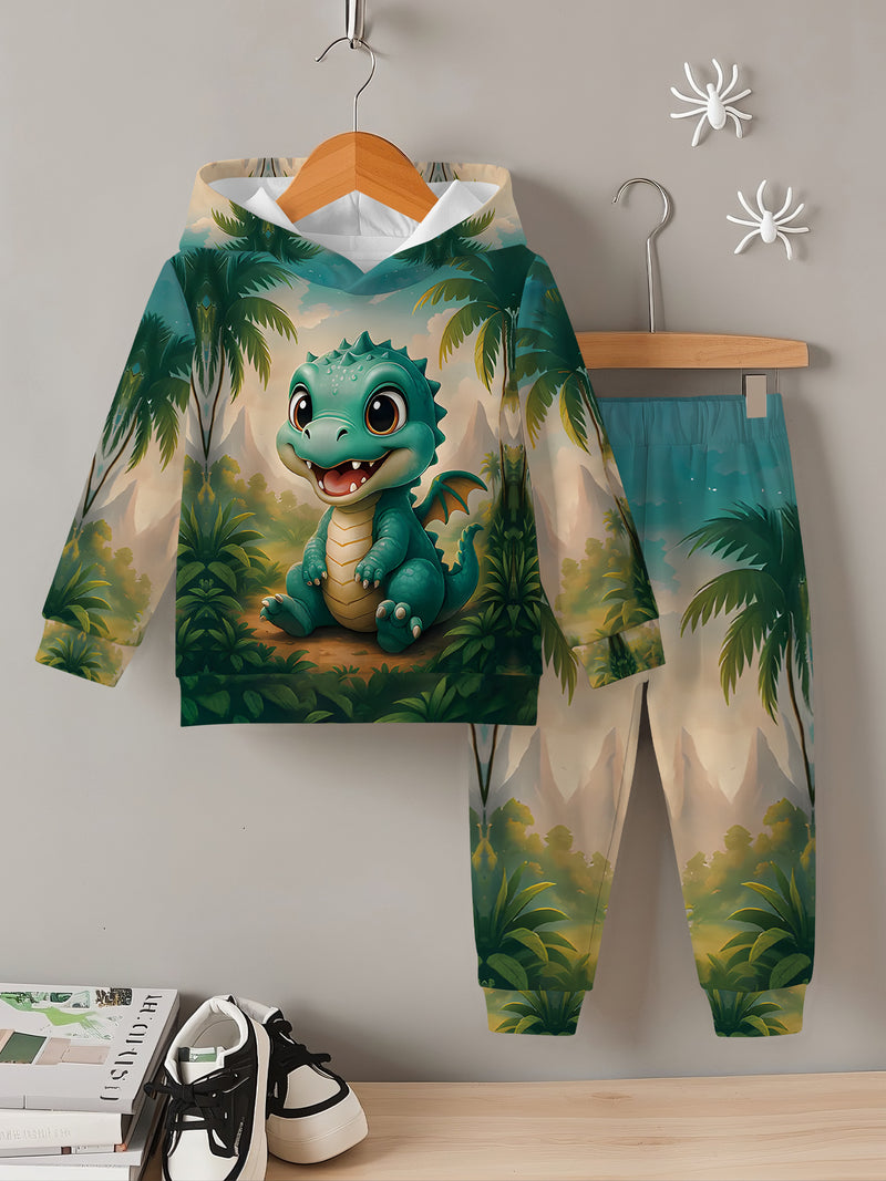 2pcs Boys Dinosaur & Palm Tree Print Hooded Sweatsuit.