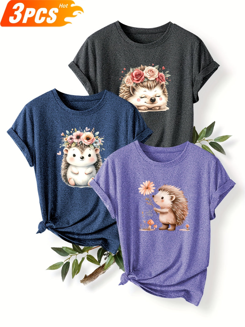3pcs Women's Cute Hedgehog Graphic T-Shirts.