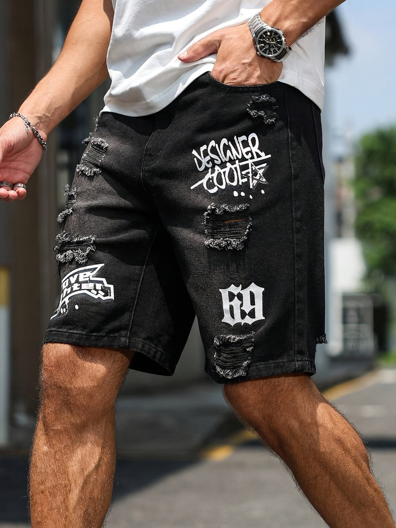 Men'S Casual Distressed Denim Shorts with "DESIGNER COOL" Print - Black & Gray.