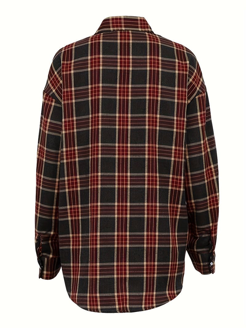 Spring Plaid Long-sleeve Pocket Women's Blouse.