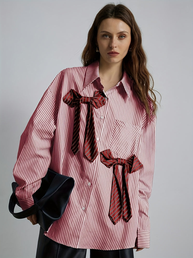 Women's Striped Button- Shirt with Collar & Bow Accent.