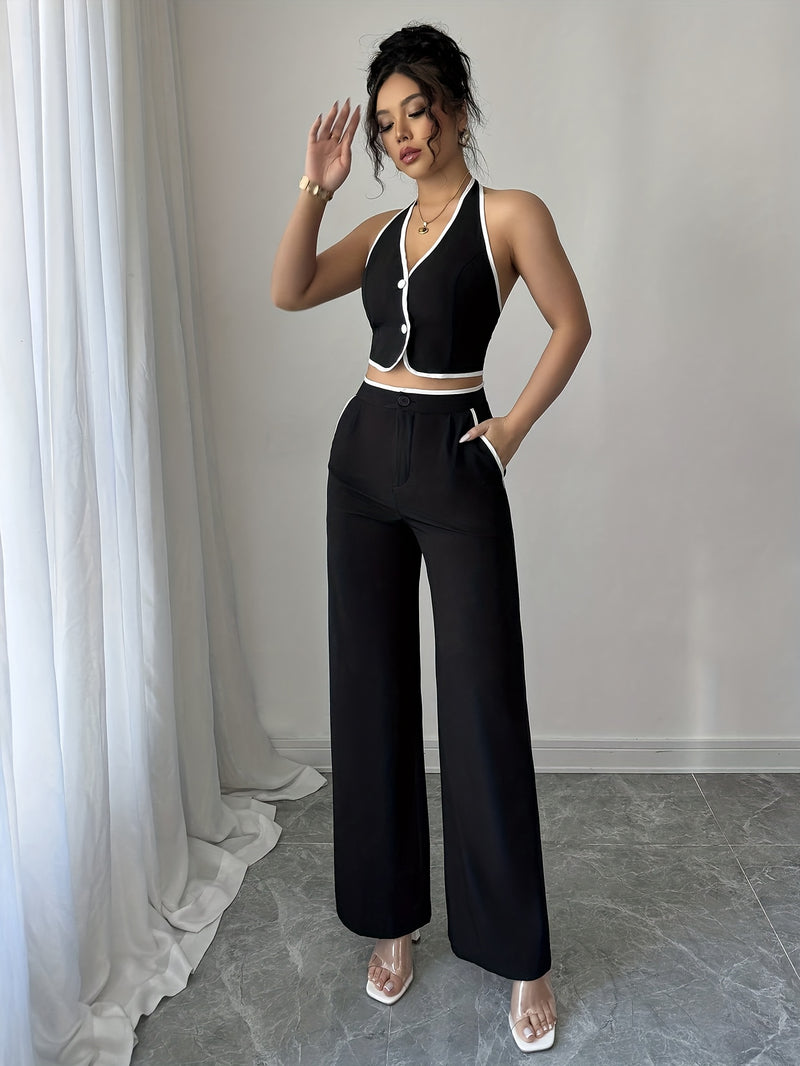 2pcs Women's Commuter Solid Color Short Sleeve Sleeveless Top and Pants.