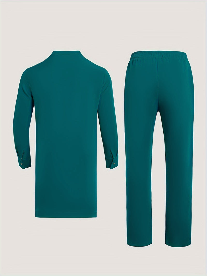 Men's Dashiki Set, Long Sleeve, Stand Collar, Button-Up, Pockets.