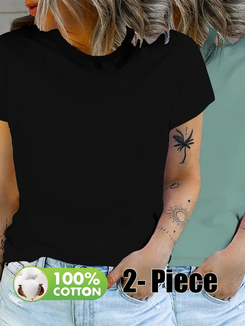 Women’s Fashion Solid Color Short Sleeve T-Shirt Two-Pack.