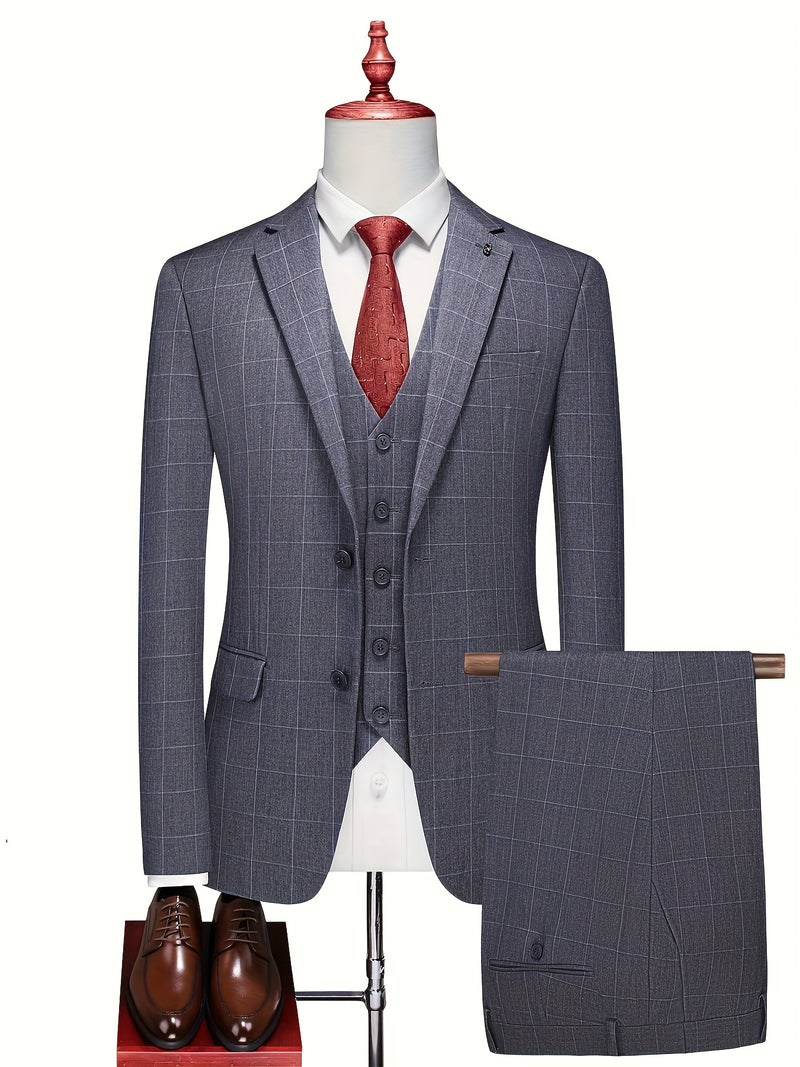 3pcs Men's Slim-Fit Checkered Suit - Notable Suit Suitable for Business.