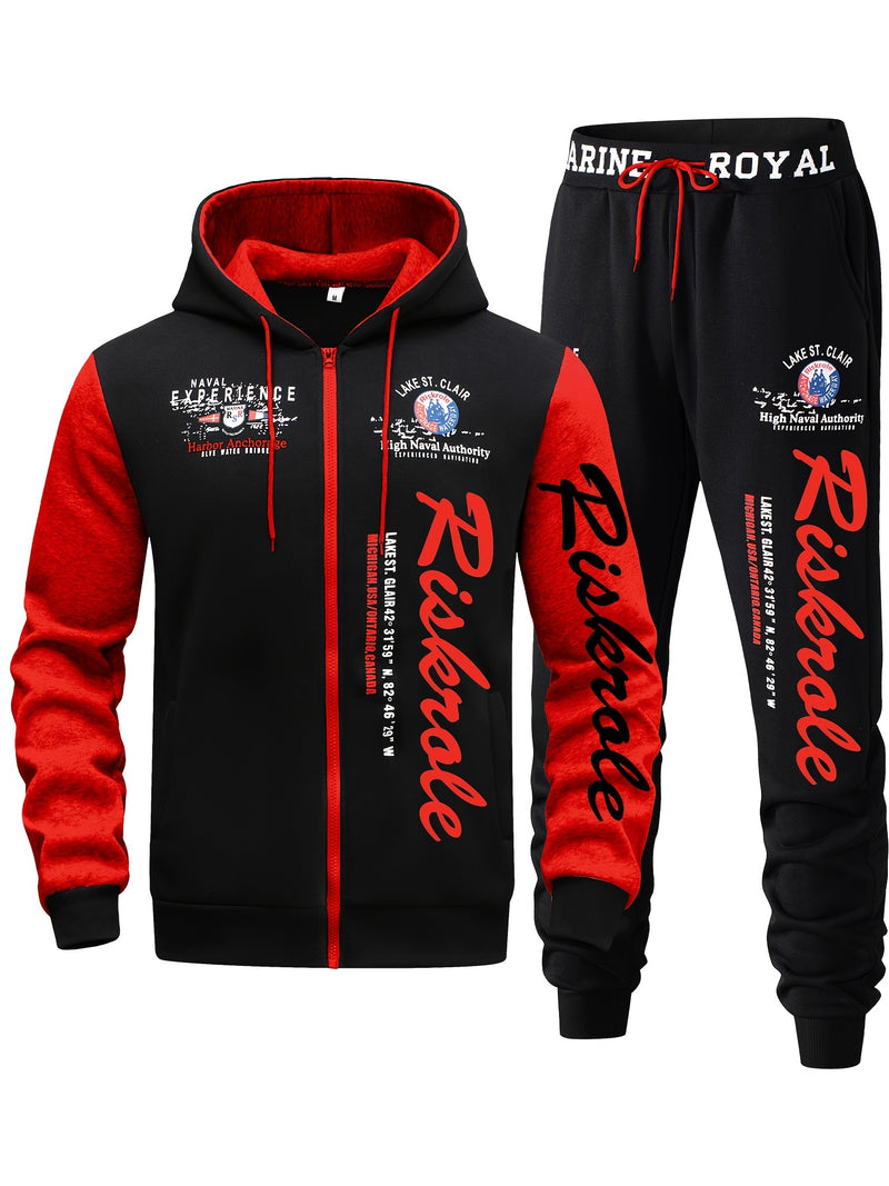 Men's Hooded Sweatshirt with Letter Print, Two-Piece Sports Running Outfit.