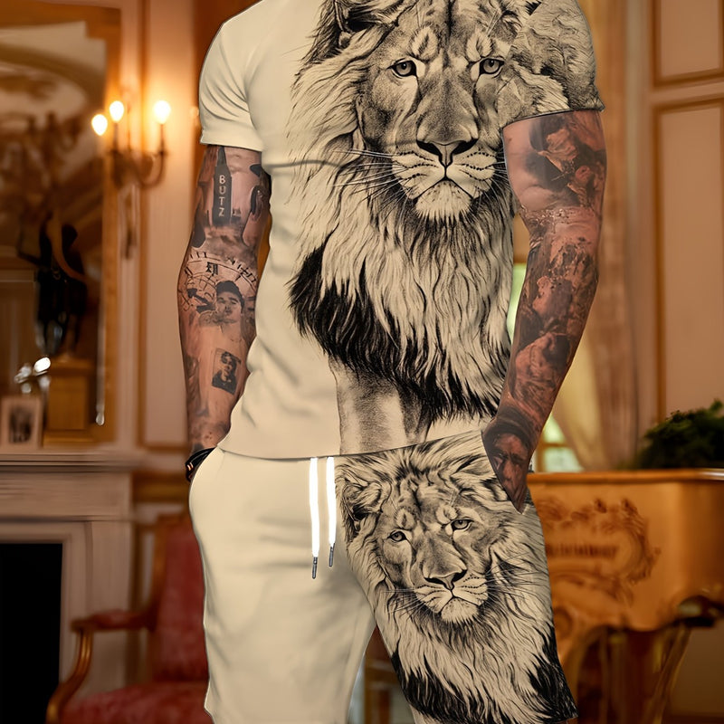 Men's Casual Summer Fitness Outfit, Featuring a Lion Graphic T-Shirt.