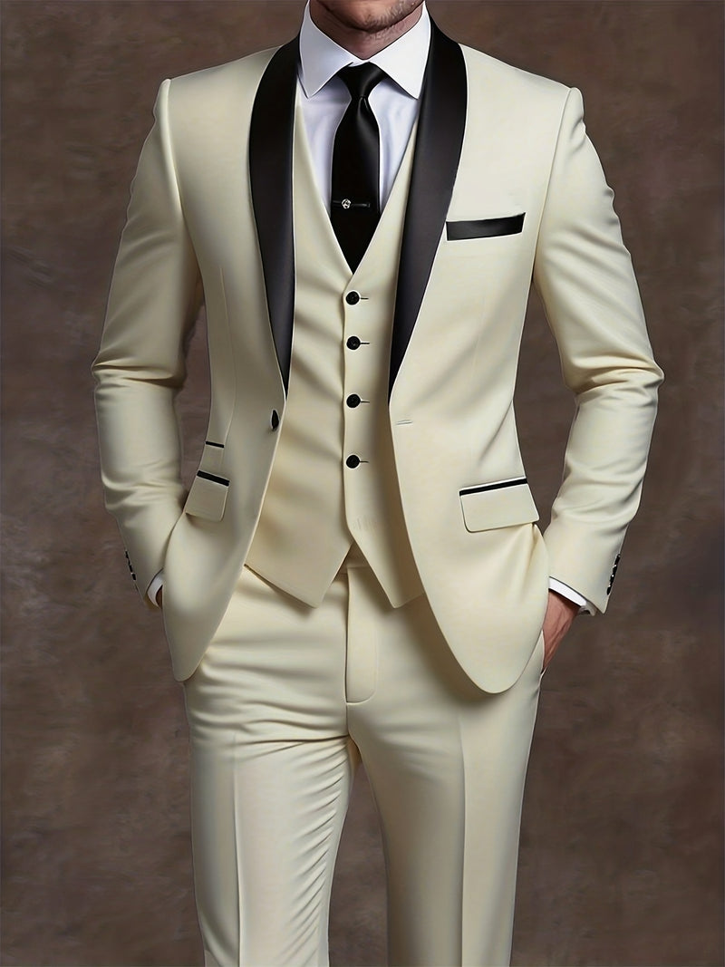 Men's 3pcs Suit with Notch Lapel, Business Formal Set, Includes Jacket.