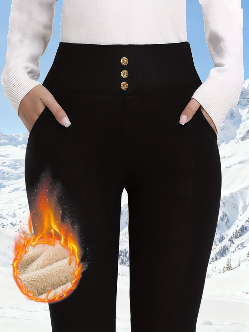 Women's High-Waisted Thermal Leggings with Button Pockets.