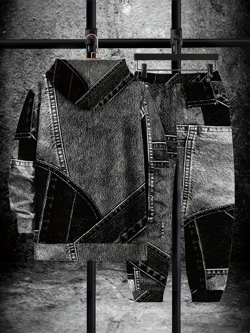 Men's Autumn Lettered Faux Denim Effect Hoodie And Sweatpants Two-Piece.