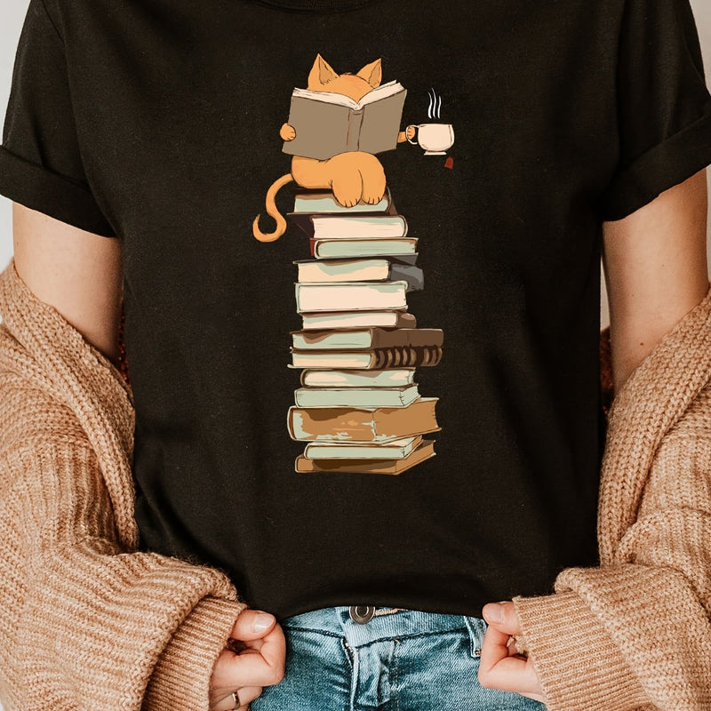 Women's Kawaii Cat & Books T-Shirt.