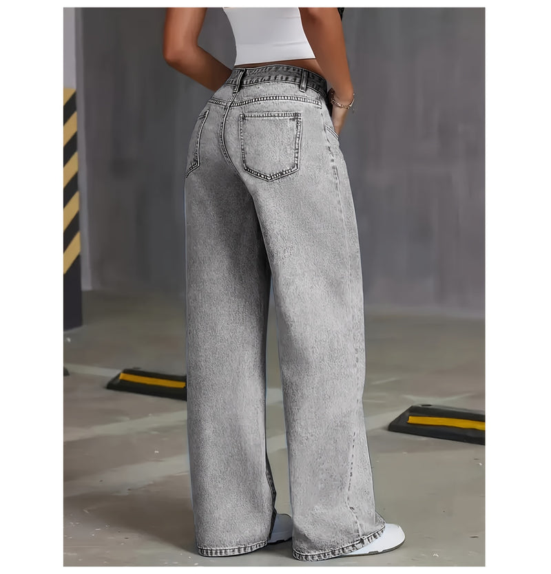 Women's New Stretch Straight Jeans, Wide-leg Jeans with Pockets.