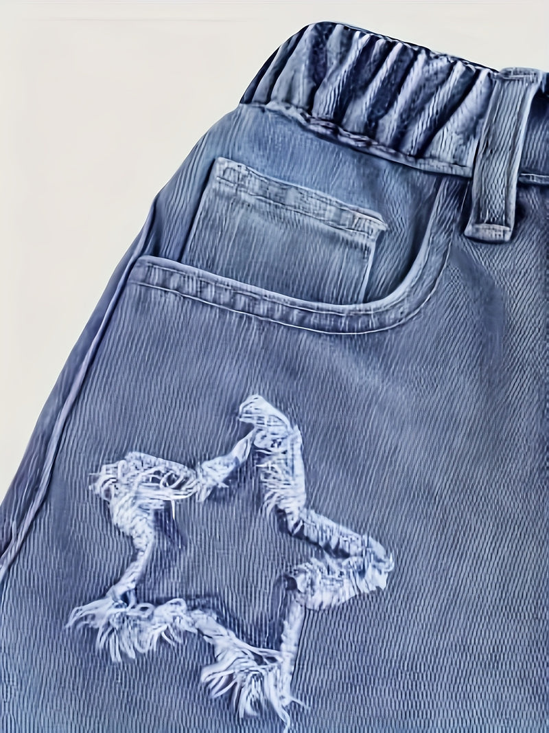 Girls' Denim Shorts - Spring/Summer New Arrival, Star Patch Design, Cute and Playful.