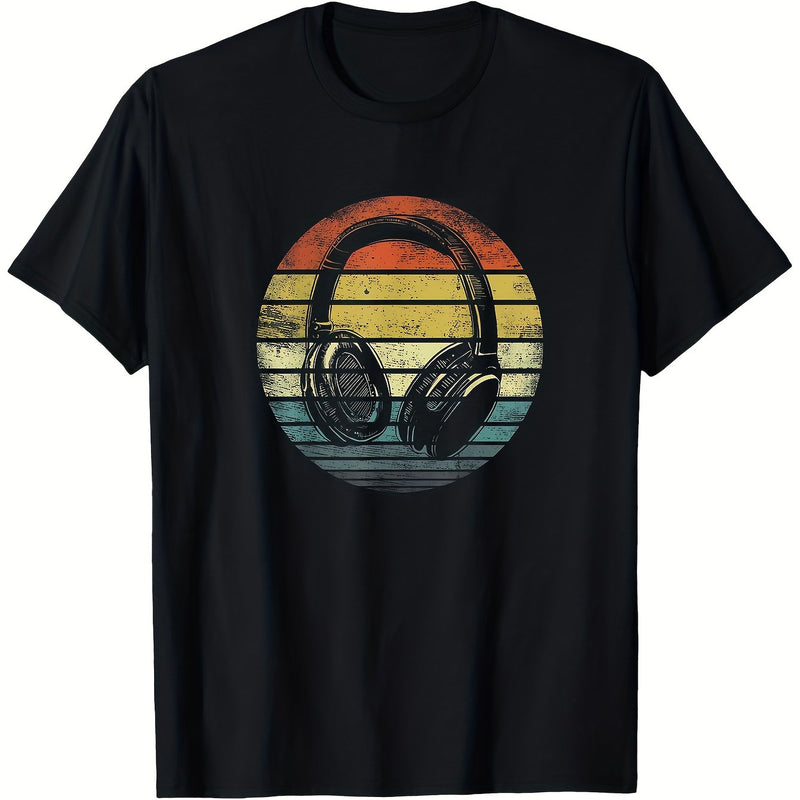 Men’s Black T-Shirt with Sunset Headphones Print.