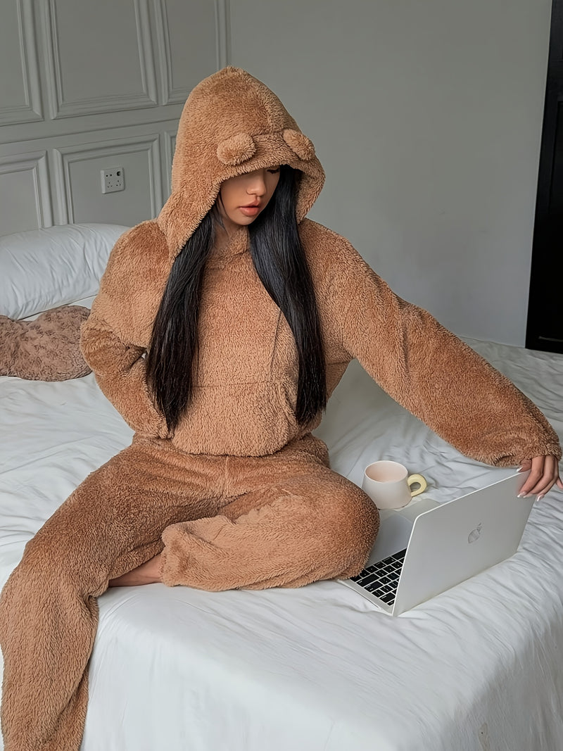 Women's Khaki Fluffy Casual Loose Double-Sided Fleece Set.