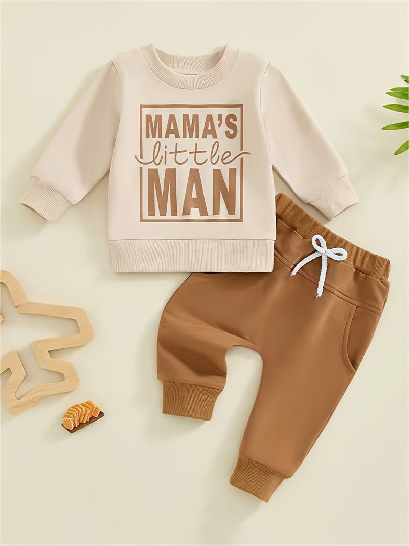 Baby Boy's Sweatshirt And Pants Set with 'Mom'S Little Man Print.