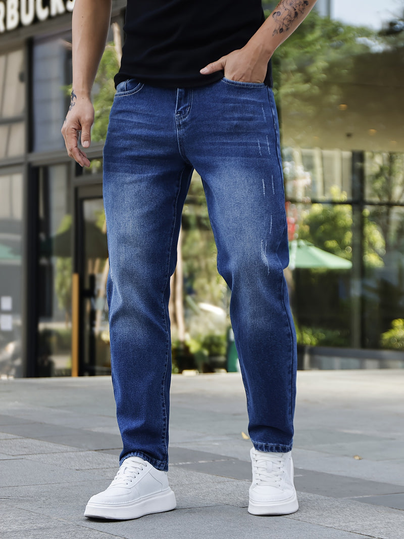 Men's Casual Washed Denim Jeans, Straight-leg pants.