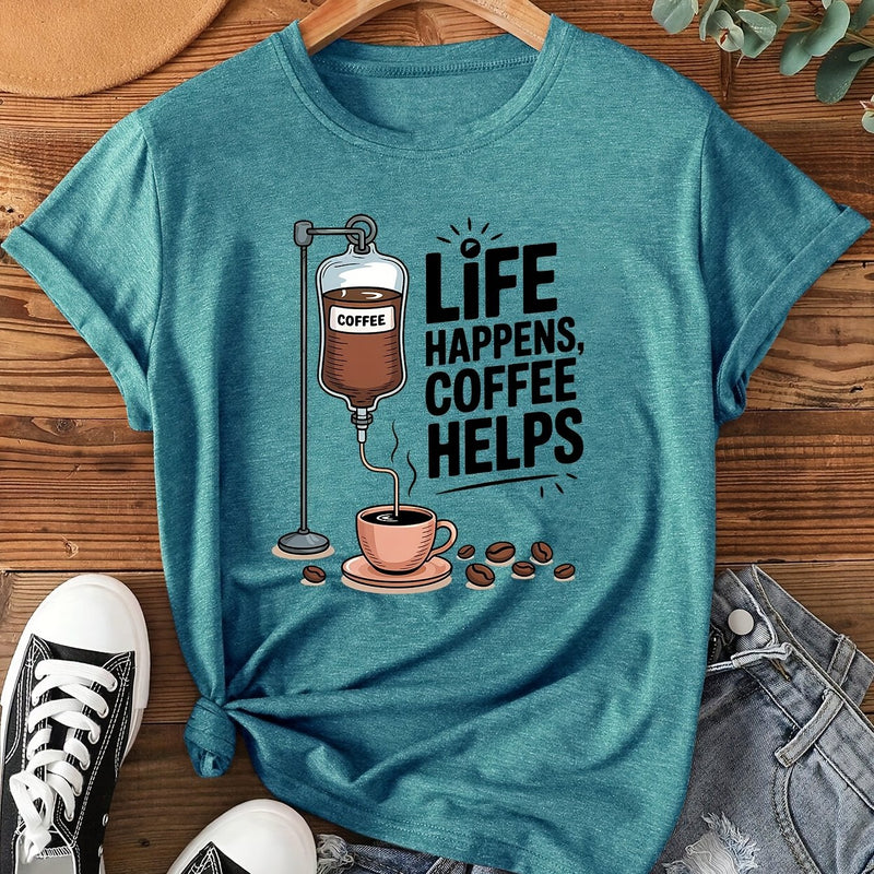 Women's Coffee-Themed T-Shirt with "Coffee Helps" Slogan.