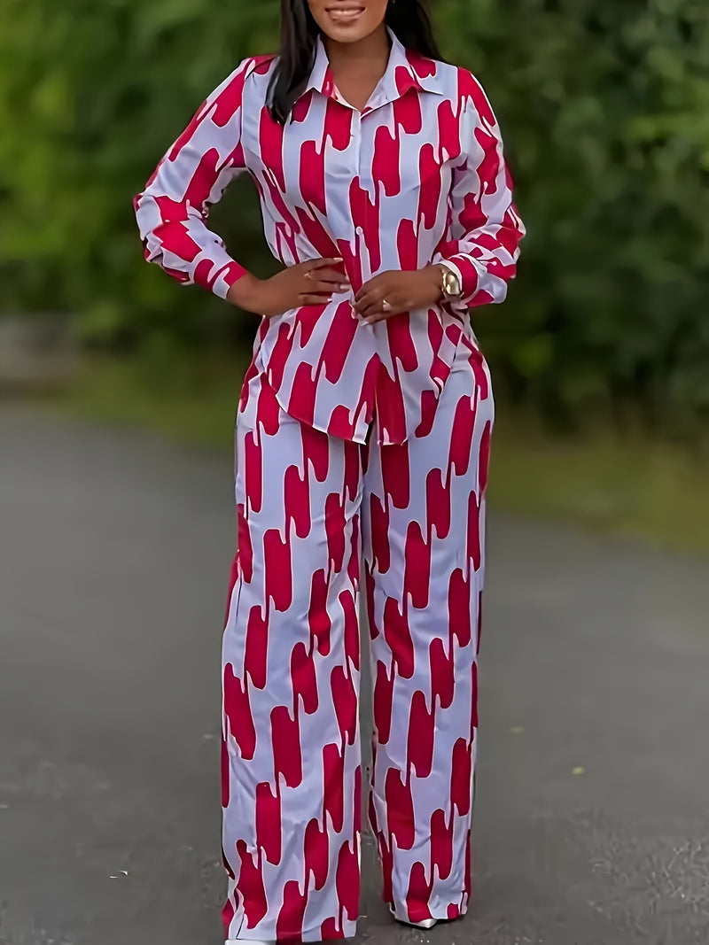 Women's Spring Summer Autumn Casual Button Long Sleeve Shirt Wide Leg Pants.