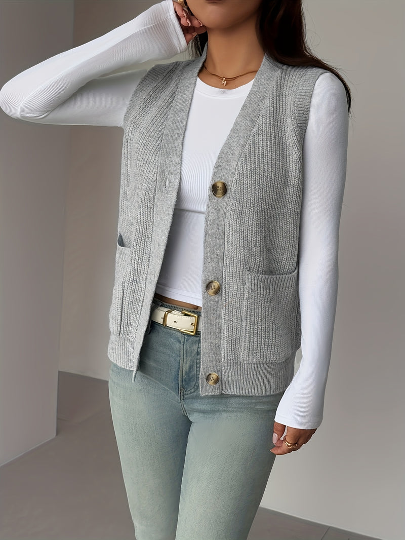 New Solid Color V-Neck Pocket Women's Sweater Vest.