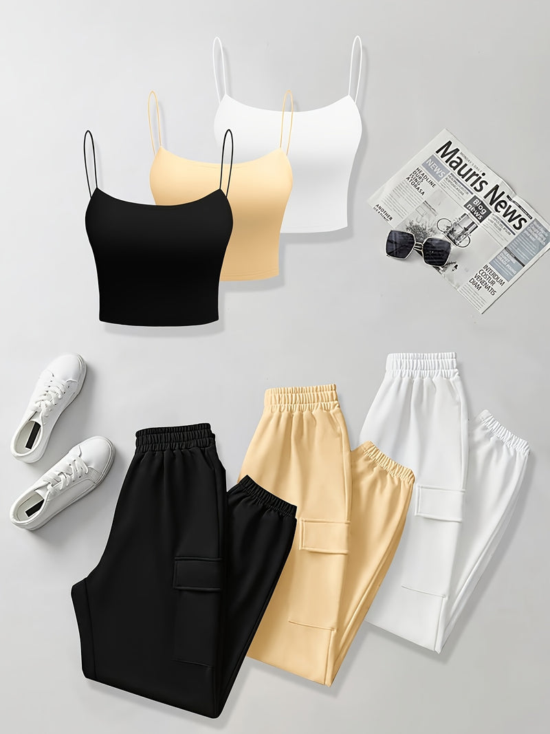 6pcs Women's Casual Short Camisole And Elastic Waist Pocket Work Pants.
